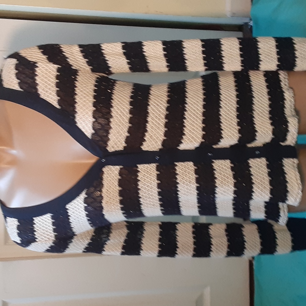 DANI COLLECTION  BLUE AND WHITE STRIPED SWEATER,  TIES/LACES BACK, SIZE MEDIUM